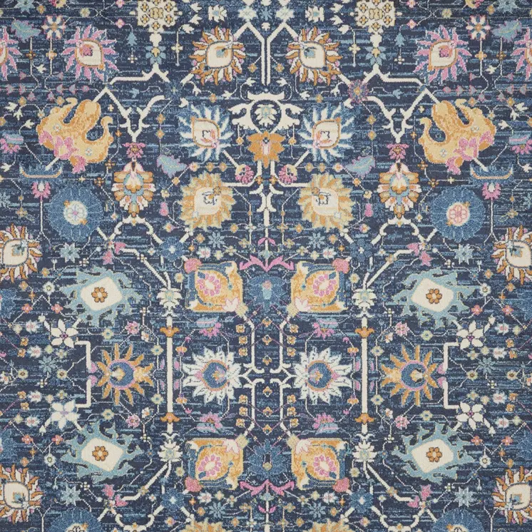 9' X 12' Blue And Gold Floral Area Rug