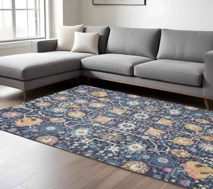 9' X 12' Blue And Gold Floral Area Rug