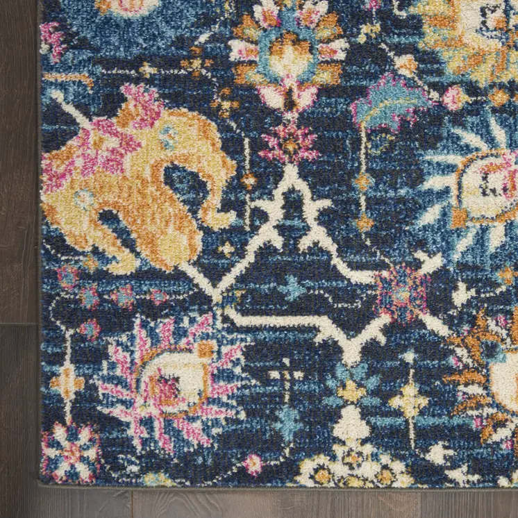 9' X 12' Blue And Gold Floral Area Rug