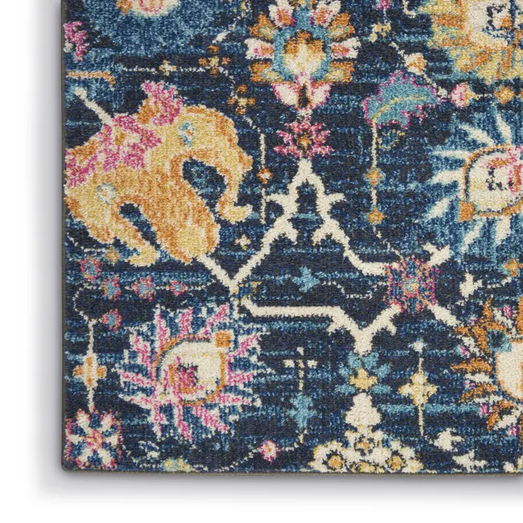 9' X 12' Blue And Gold Floral Area Rug