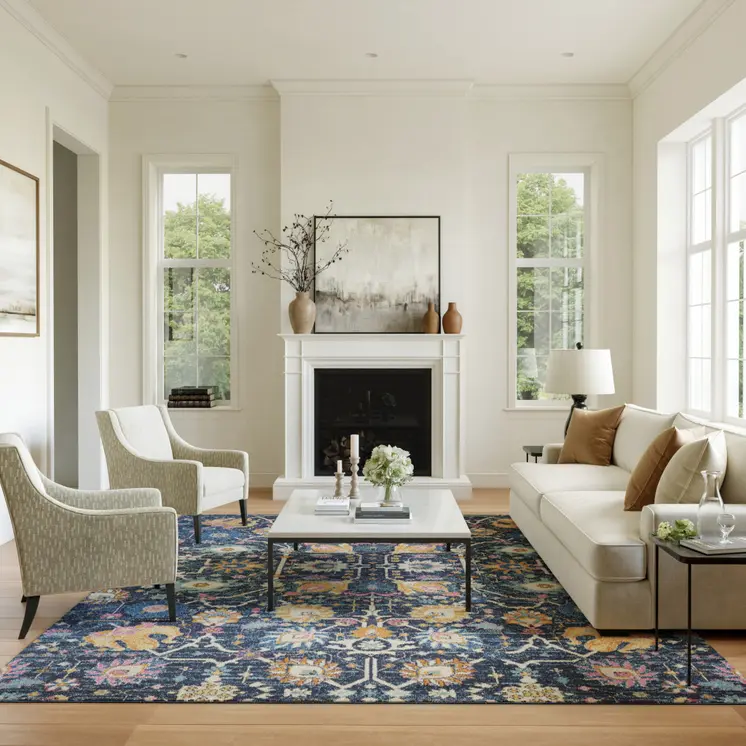 9' X 12' Blue And Gold Floral Area Rug