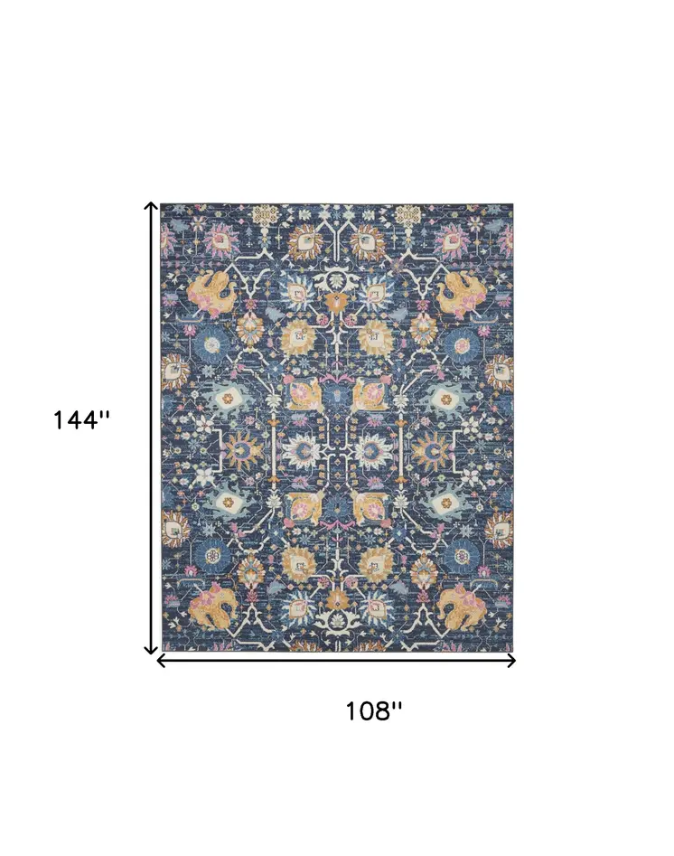 9' X 12' Blue And Gold Floral Area Rug