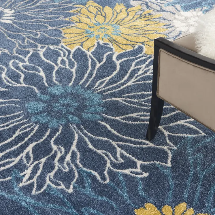 9' X 12' Navy Blue Floral Power Loom Area Rug