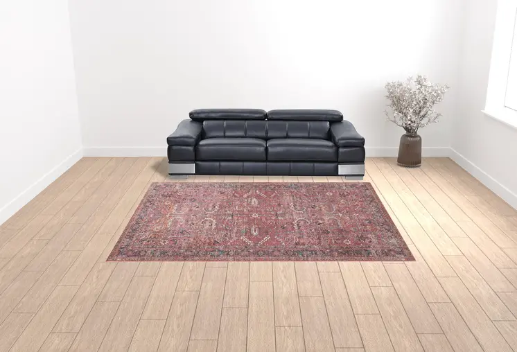 9' X 12' Red Floral Power Loom Distressed Area Rug