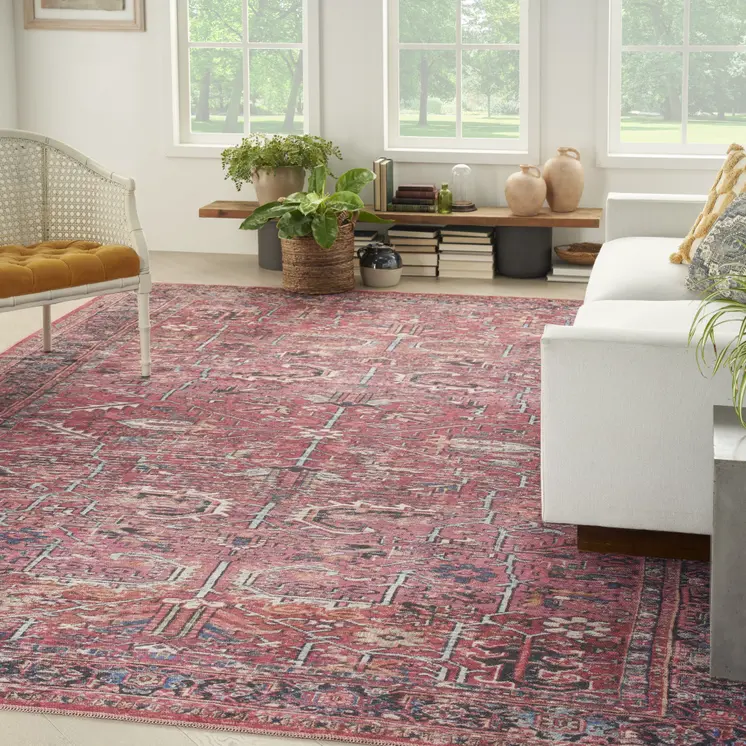 9' X 12' Red Floral Power Loom Distressed Area Rug