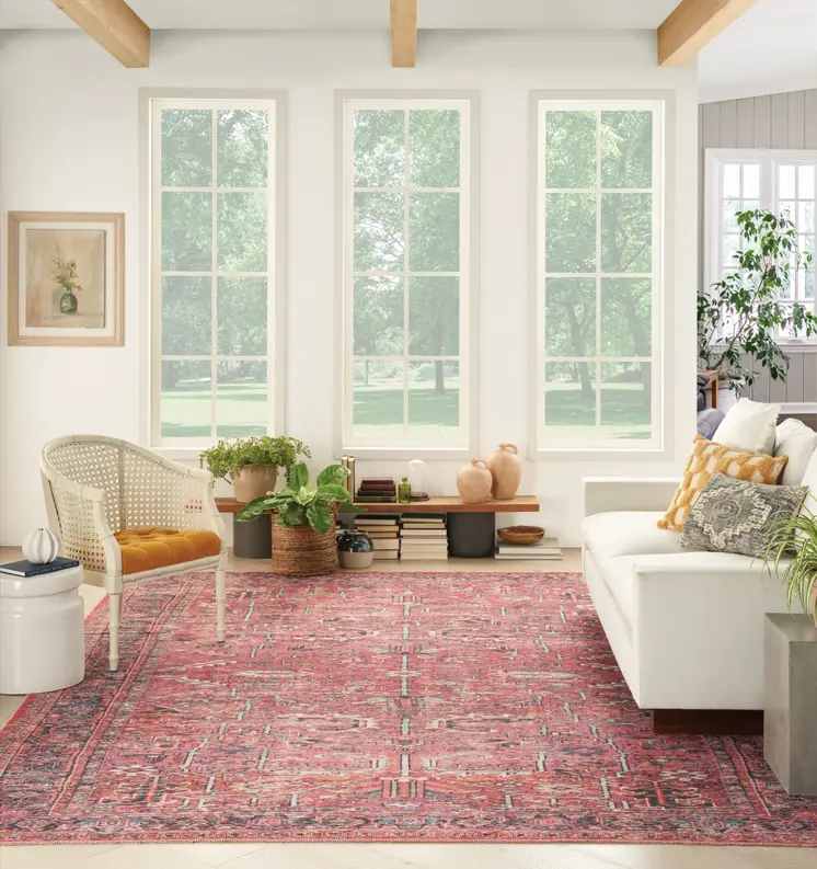 9' X 12' Red Floral Power Loom Distressed Area Rug