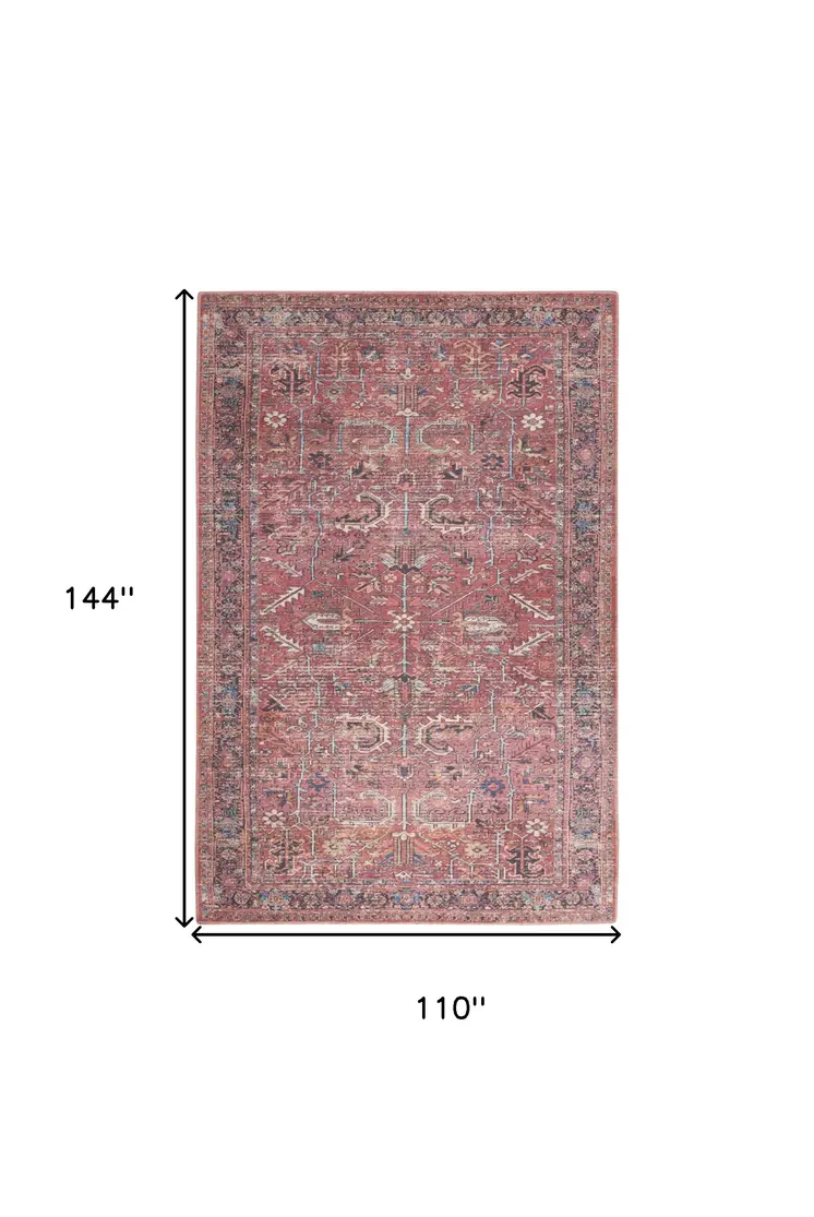 9' X 12' Red Floral Power Loom Distressed Area Rug