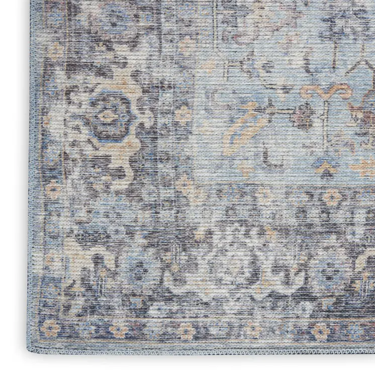 9' X 12' Blue and Gray Floral Medallion Power Loom Distressed Washable Area Rug