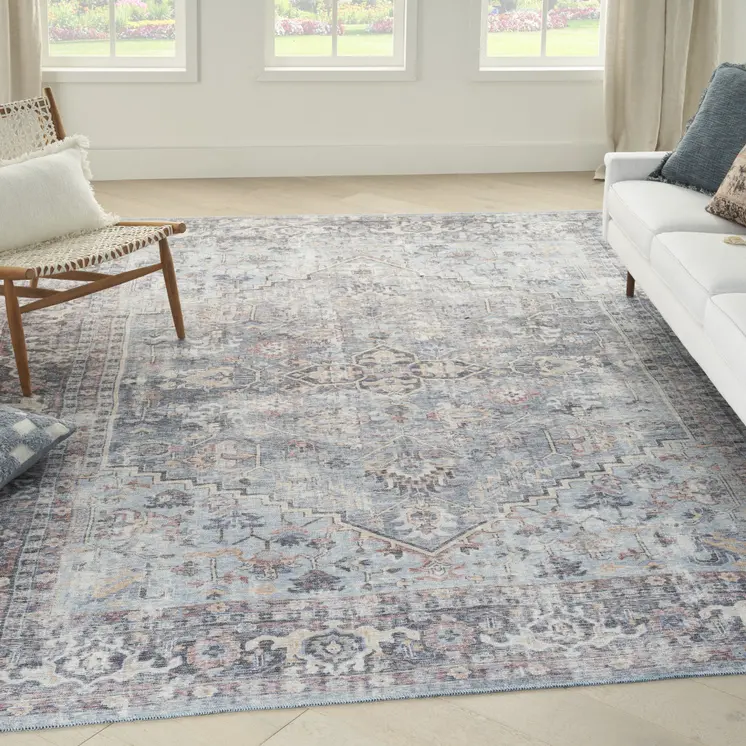 9' X 12' Blue and Gray Floral Medallion Power Loom Distressed Washable Area Rug