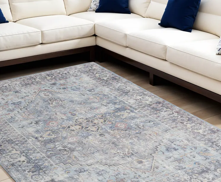9' X 12' Blue and Gray Floral Medallion Power Loom Distressed Washable Area Rug