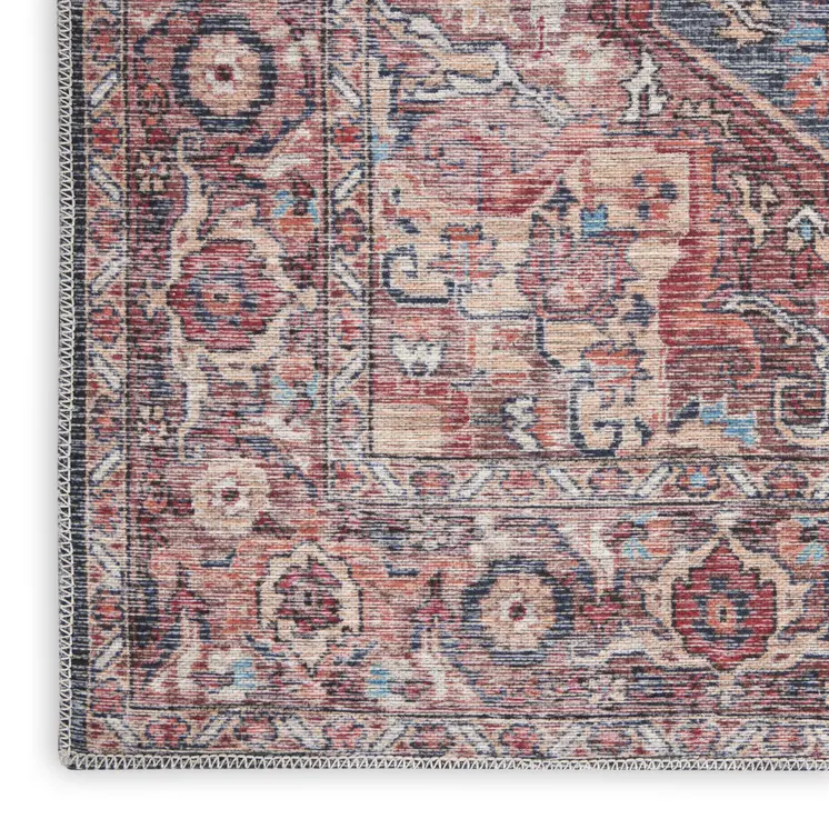 9' X 12' Red Floral Power Loom Distressed Washable Area Rug