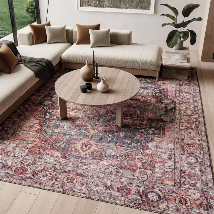 9' X 12' Red Floral Power Loom Distressed Washable Area Rug