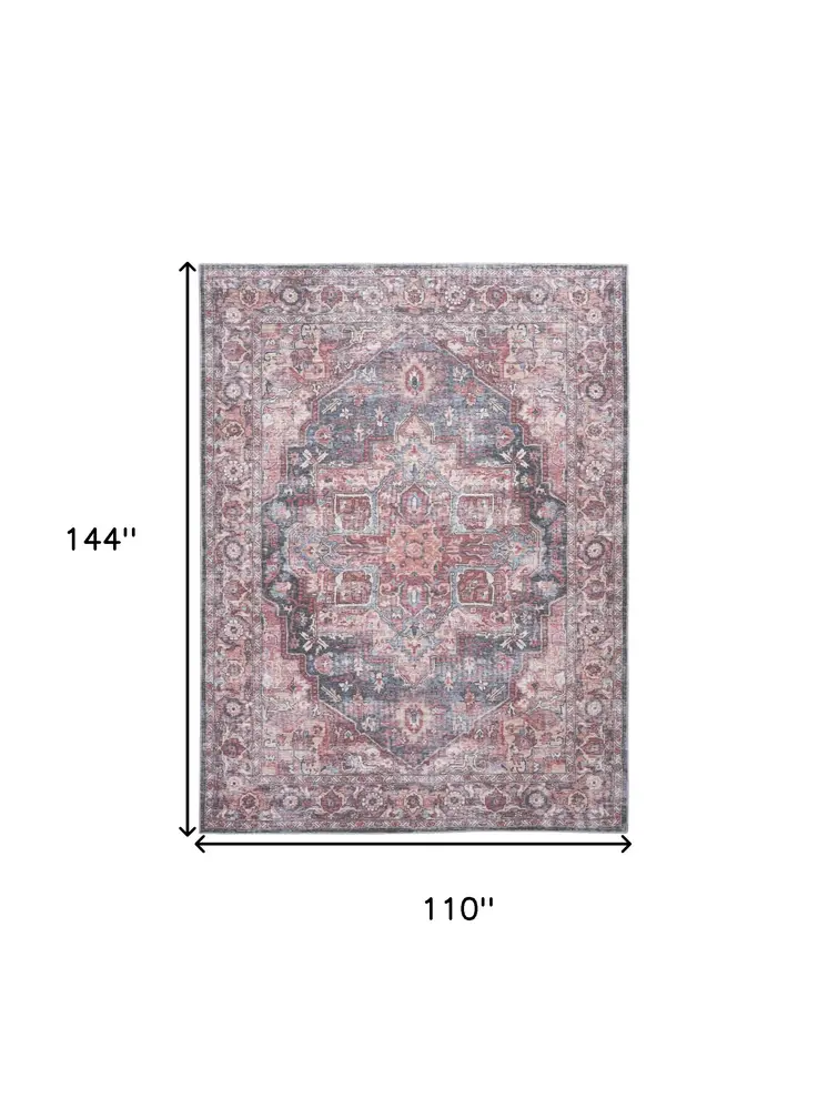 9' X 12' Red Floral Power Loom Distressed Washable Area Rug