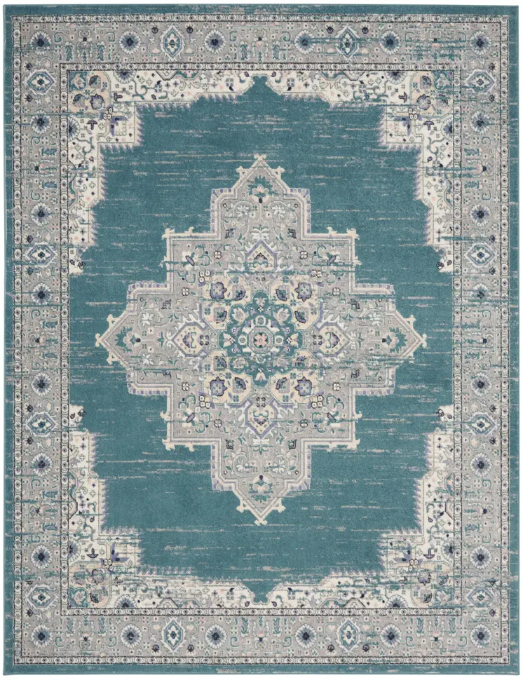 8' X 10' Aqua Floral Power Loom Distressed Area Rug