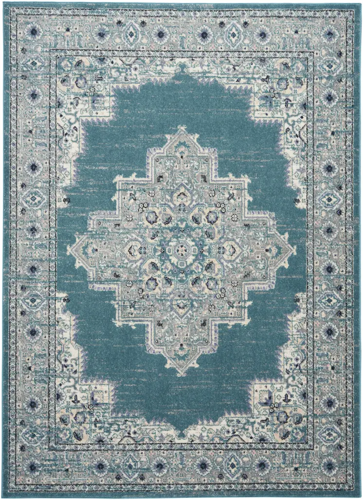 5' X 7' Aqua Floral Power Loom Distressed Area Rug