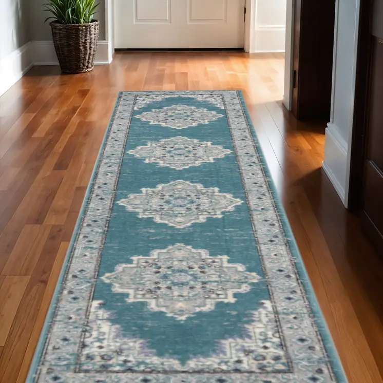 10' Gray And Aqua Oriental Distressed Runner Rug