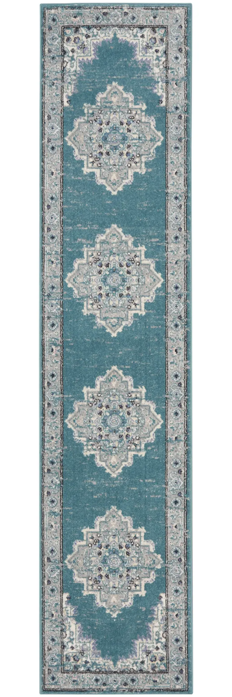 10' Gray And Aqua Oriental Distressed Runner Rug