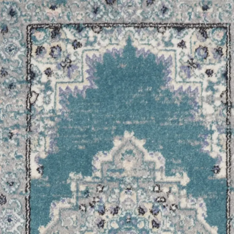 10' Gray And Aqua Oriental Distressed Runner Rug