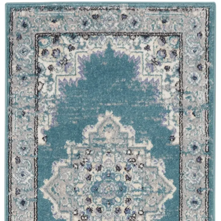 10' Gray And Aqua Oriental Distressed Runner Rug