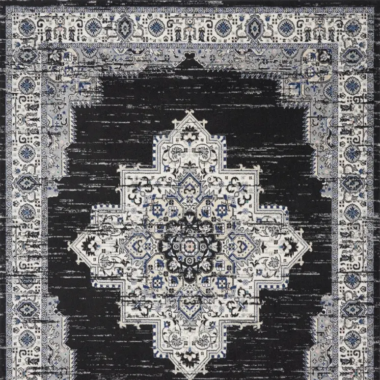 8' X 10' Black Floral Power Loom Distressed Area Rug