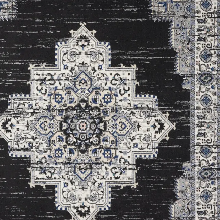 8' X 10' Black Floral Power Loom Distressed Area Rug