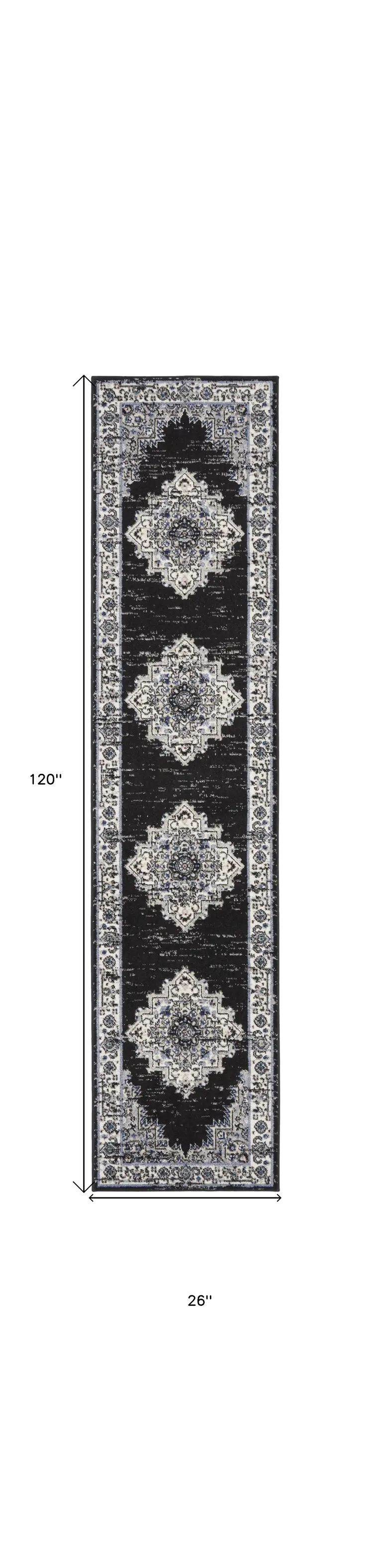 10' Black And Ivory Floral Distressed Runner Rug