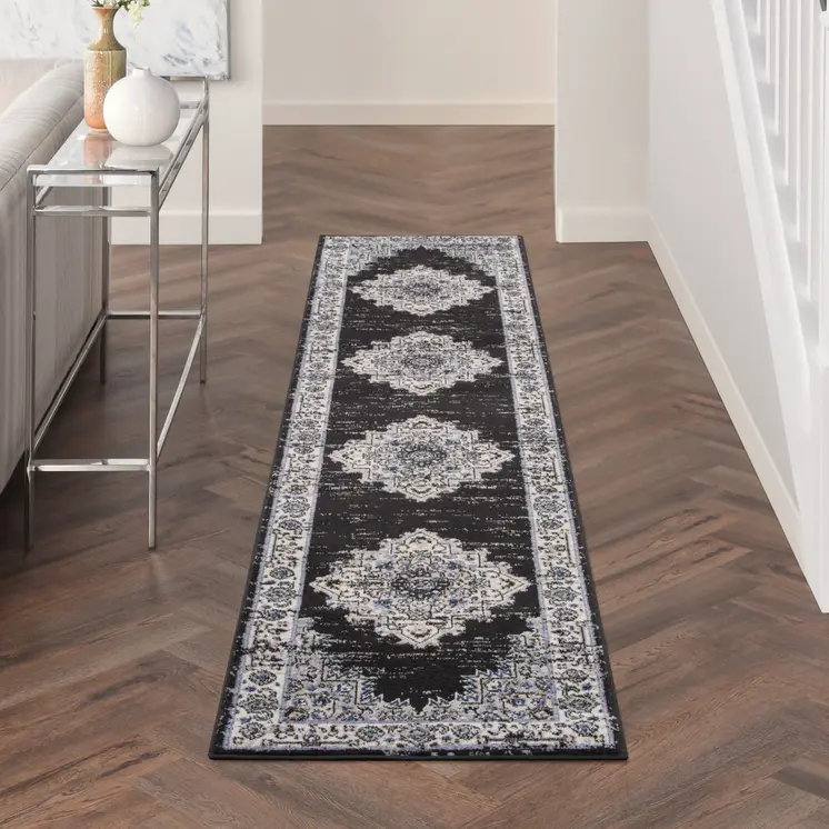 10' Black And Ivory Floral Distressed Runner Rug