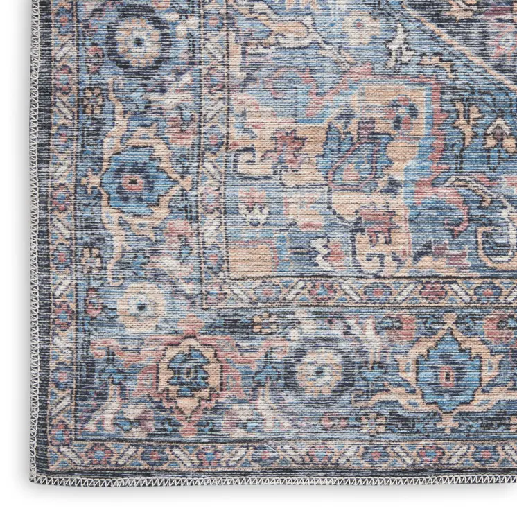 8' X 10' Blue Floral Power Loom Distressed Washable Area Rug