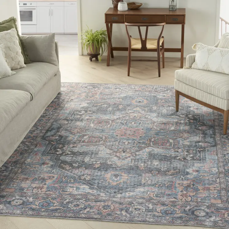 8' X 10' Blue Floral Power Loom Distressed Washable Area Rug