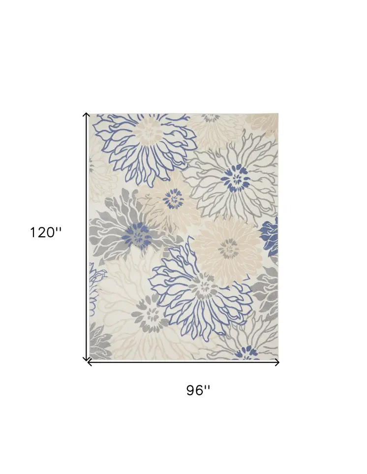 8' X 10' Ivory Gray And Blue Floral Area Rug
