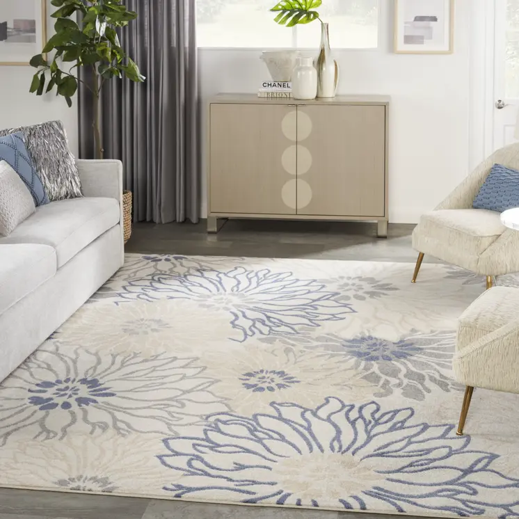 8' X 10' Ivory Gray And Blue Floral Area Rug