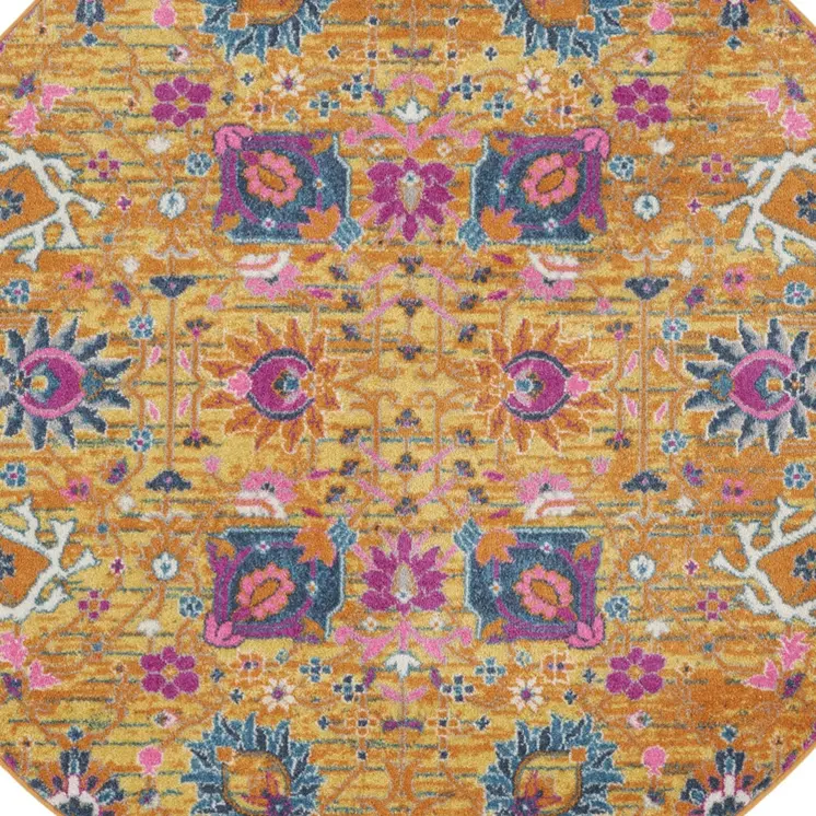 5' Gold Round Floral Power Loom Area Rug
