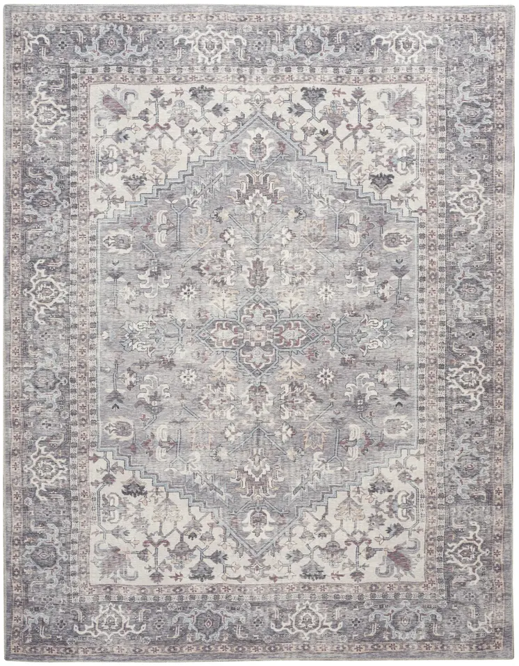 8' X 10' Gray Floral Power Loom Distressed Area Rug