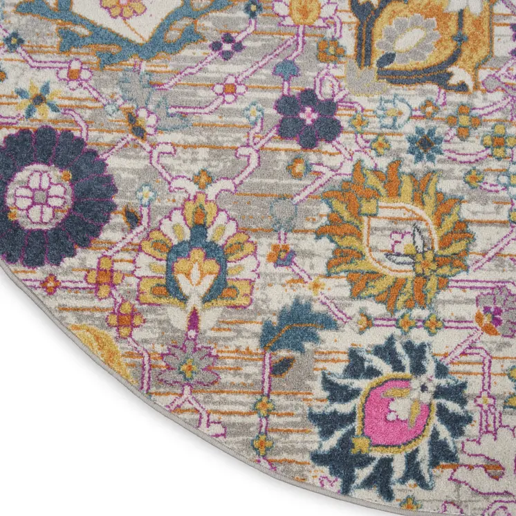 8' Gray Round Floral Power Loom Area Rug