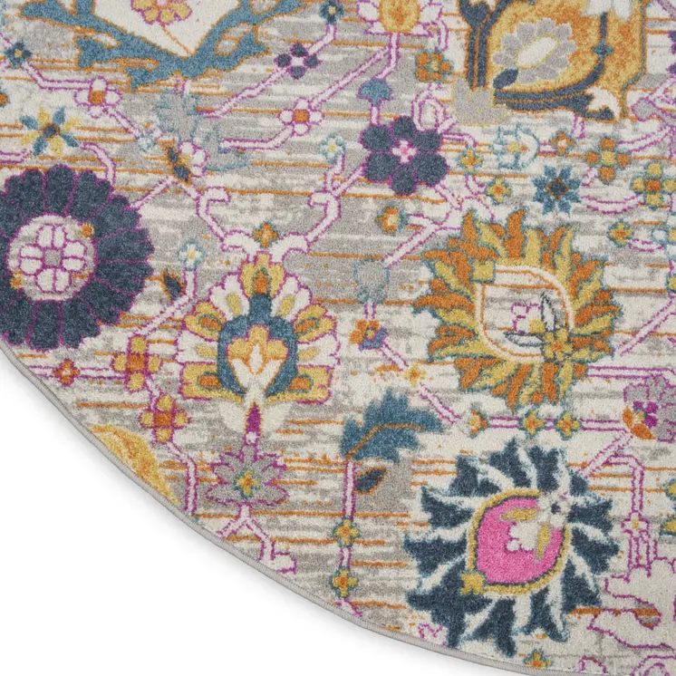 4' Gray Round Floral Power Loom Area Rug