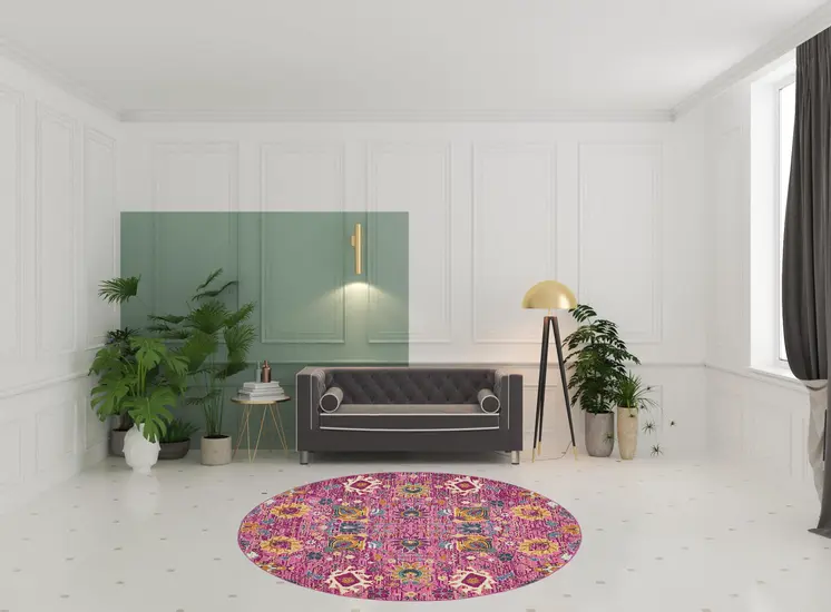 8' Pink Round Floral Power Loom Area Rug