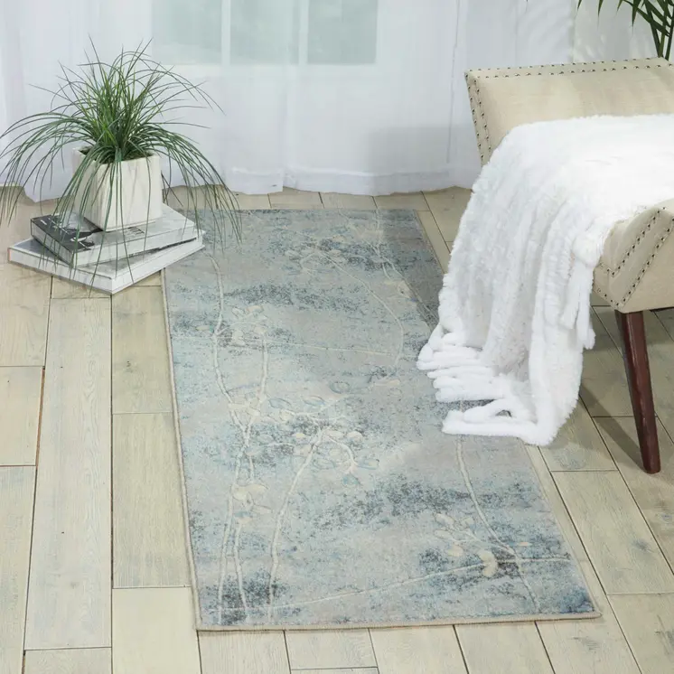 8' Blue And Ivory Floral Runner Rug