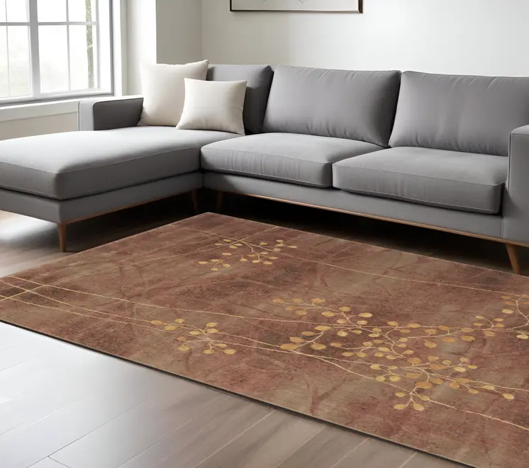 8' X 11' Brown Floral Power Loom Non Skid Area Rug