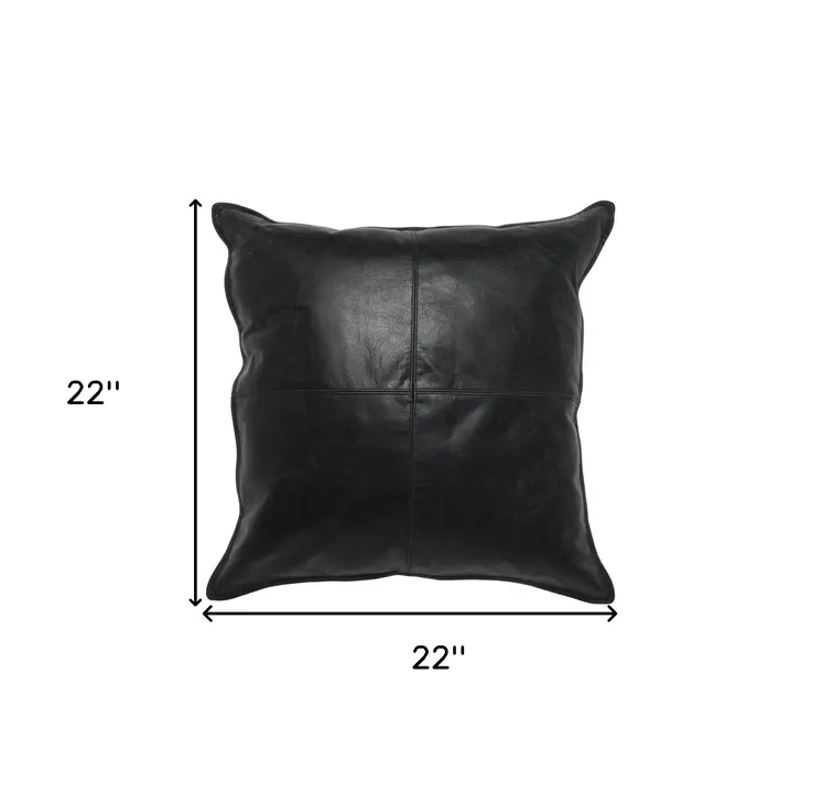 22" Black Leather Feather Throw Pillow