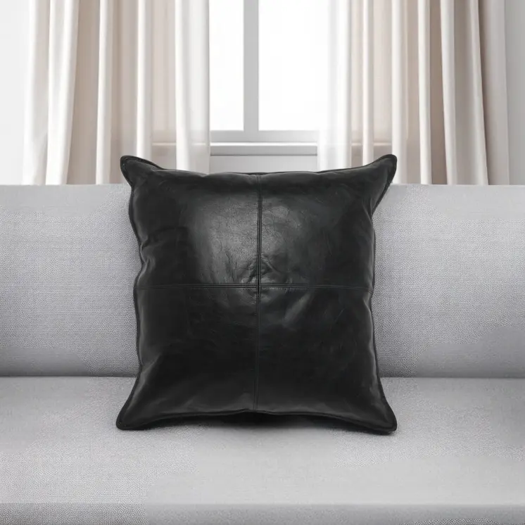 22" Black Leather Feather Throw Pillow