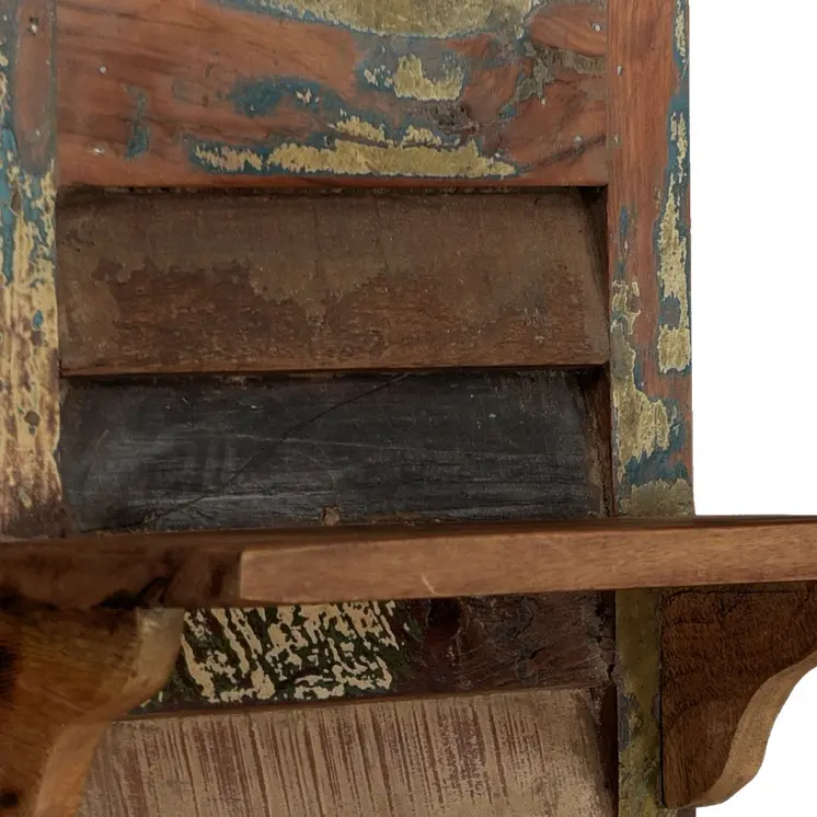 34" Brown And Multi Patina Reclaimed Wood Wall Mounted Shelf With Hooks