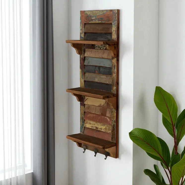 34" Brown And Multi Patina Reclaimed Wood Wall Mounted Shelf With Hooks