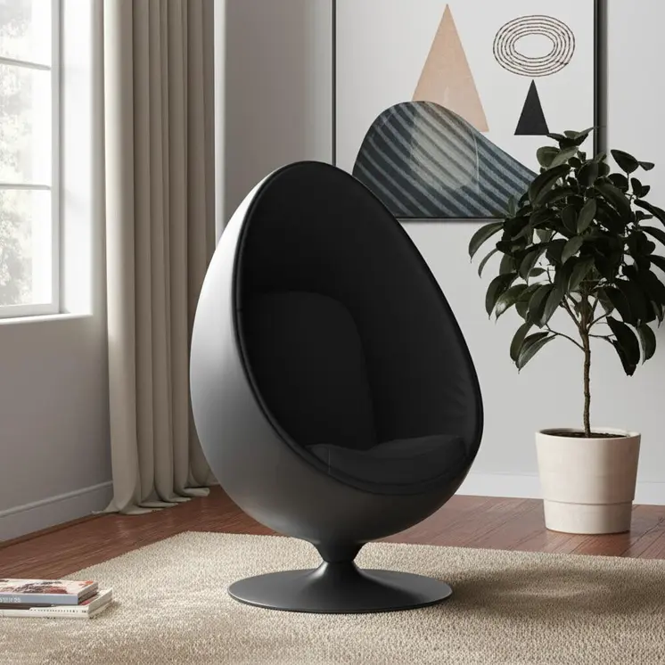 35" Black Fiberglass And Wool Swivel Egg Chair
