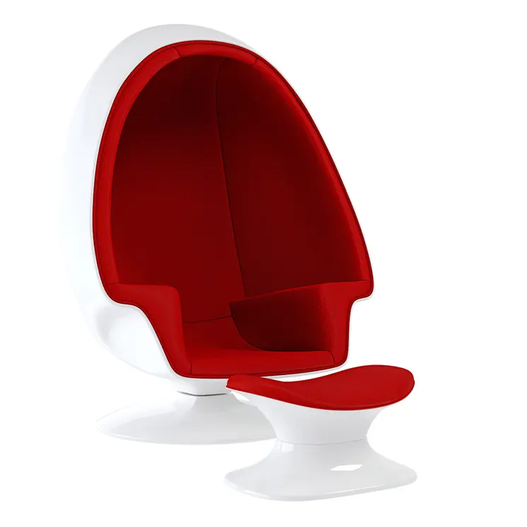38" White And Red Fiberglass And Wool Swivel Egg Chair With Ottoman