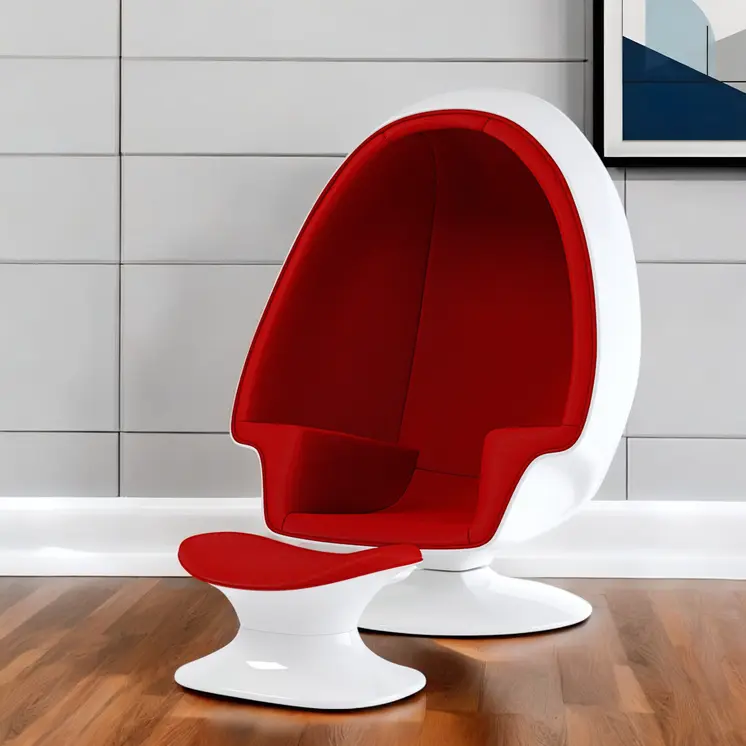 38" White And Red Fiberglass And Wool Swivel Egg Chair With Ottoman