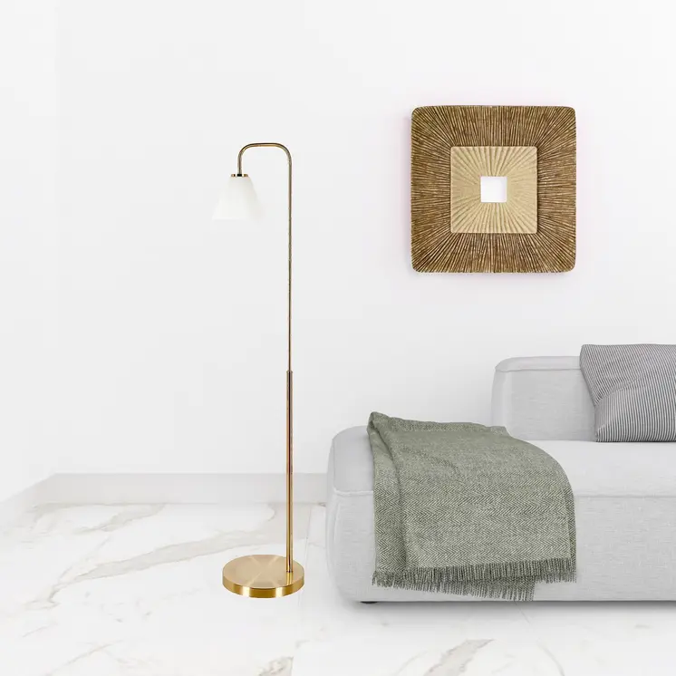 62" Brass Arched Floor Lamp With White Frosted Glass Cone Shade