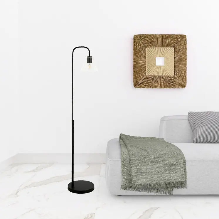 62" Black Arc Floor Lamp With Clear Glass Cone Shade