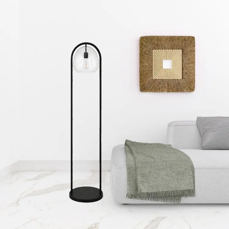 65" Black Column Floor Lamp With Clear Seeded Glass Globe Shade