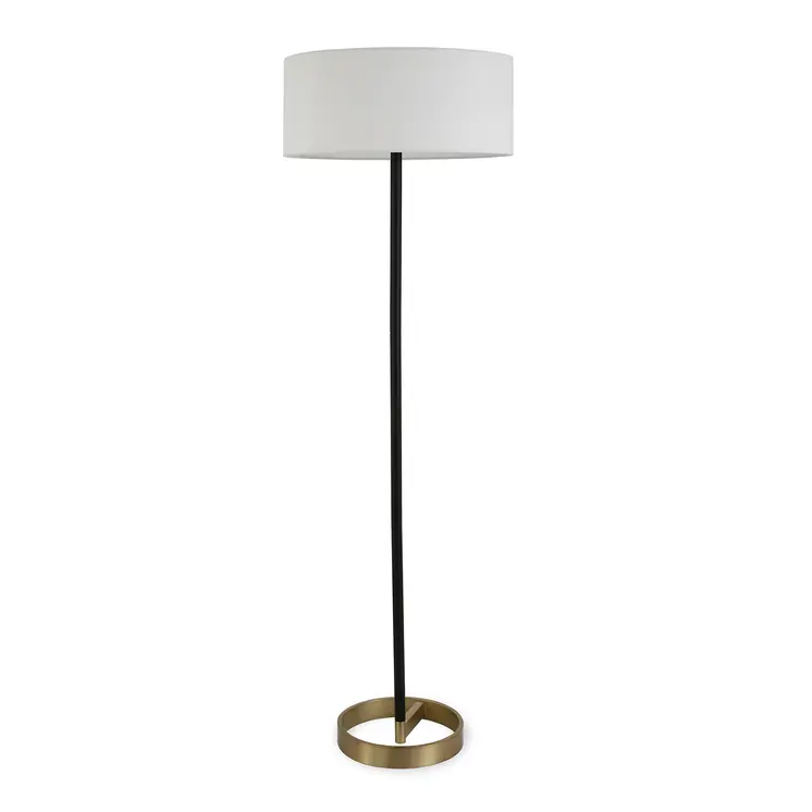 62" Black And White Floor Lamp With White Fabric Drum Shade