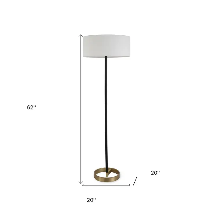 62" Black And White Floor Lamp With White Fabric Drum Shade